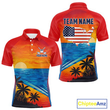 Load image into Gallery viewer, Palm trees and ocean men's golf polo shirt, patriotic golf apparel, beach golf shirt, custom golf team clothing
