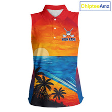 Load image into Gallery viewer, Palm trees and ocean women's golf polo shirt, patriotic golf apparel, beach golf shirt, custom golf team clothing