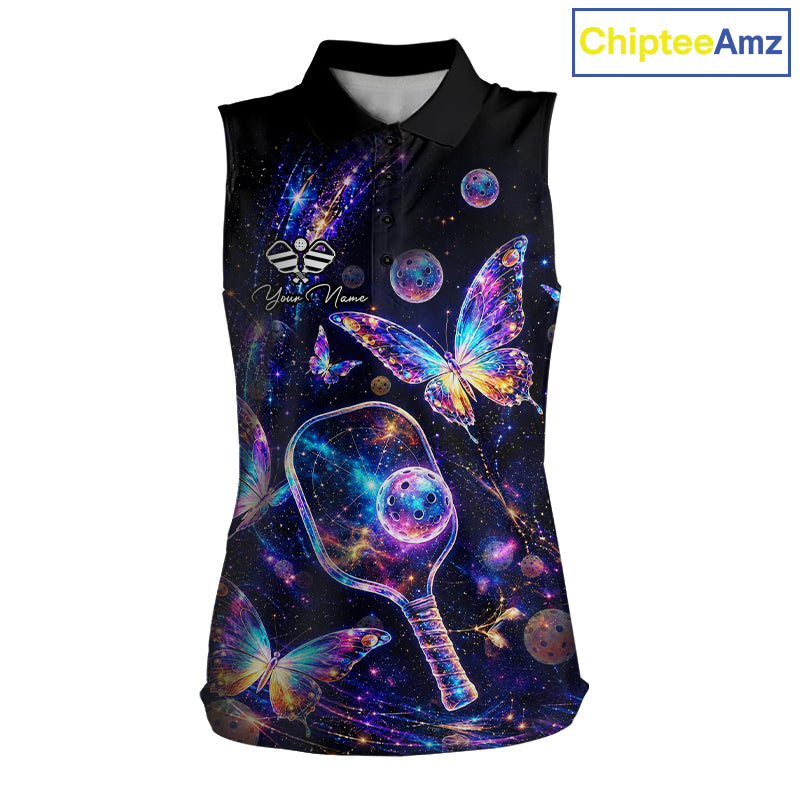 Butterfly Rainbow Holographic Women's Pickleball Sleeveless Polo, Personalized Rainbow Butterfly Polo, Colorful Paddle League Apparel, Positive Energy & Freedom