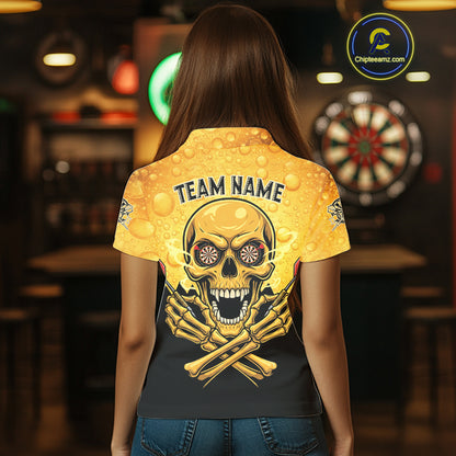 Funny Beer & Skull Dartboard Women Polo Darts Shirt Custom Name & Team Dart Jersey NYN2011