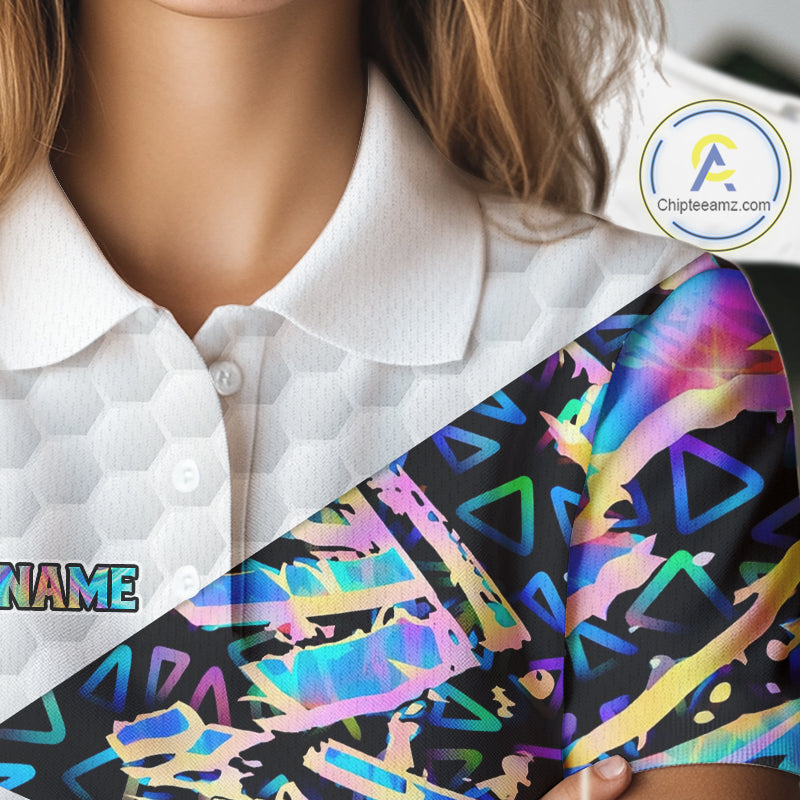 Personalized Womens Golf Polo Shirt Custom Name Holographic And White Golf Ball Golf Attire NYN2912