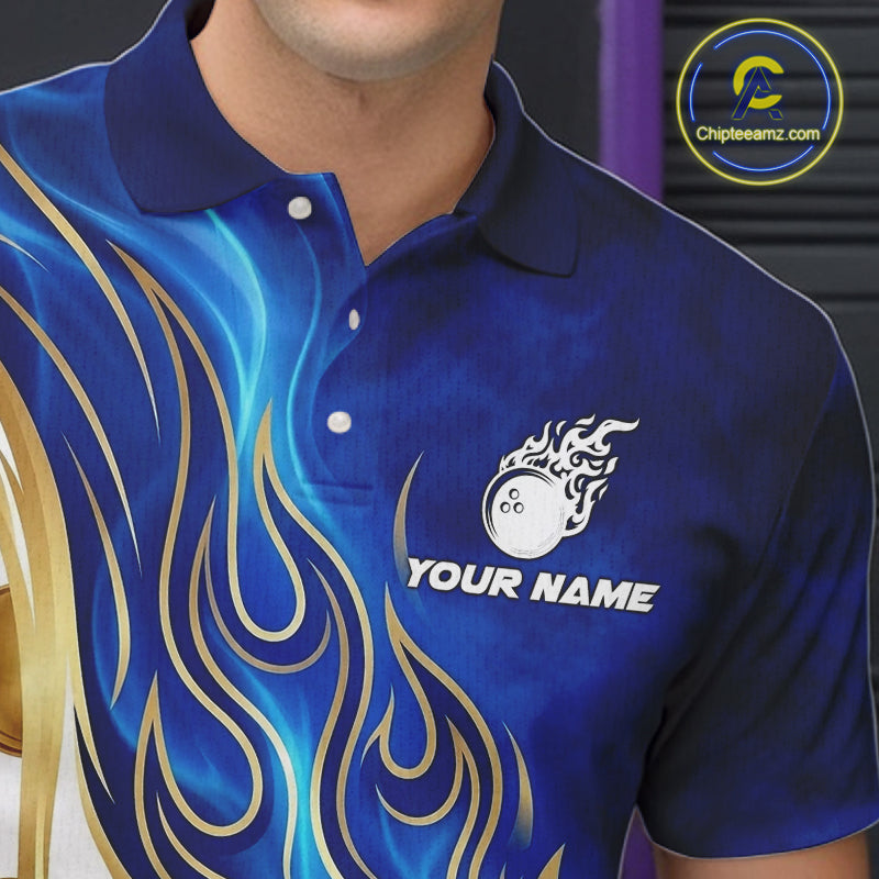 Custom Gold And Blue Flames Bowling Team Jerseys, Bowling League Polo & 1/4-Zip Shirt For Men NYN2917