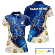 Load image into Gallery viewer, Custom Gold And Blue Flames Bowling Team Jerseys, Bowling League Polo &amp; 1/4-Zip Shirt For Women NYN2917