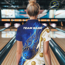 Load image into Gallery viewer, Custom Gold And Blue Flames Bowling Team Jerseys, Bowling League Polo &amp; 1/4-Zip Shirt For Women NYN2917