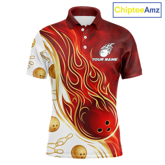 Custom Gold And Red Flames Bowling Team Jerseys, Bowling League Polo & 1/4-Zip Shirt For Men NYN2918
