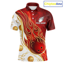 Load image into Gallery viewer, Custom Gold And Red Flames Bowling Team Jerseys, Bowling League Polo &amp; 1/4-Zip Shirt For Men NYN2918