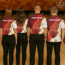 Load image into Gallery viewer, Custom Gold And Red Flames Bowling Team Jerseys, Bowling League Polo &amp; 1/4-Zip Shirt For Men NYN2918