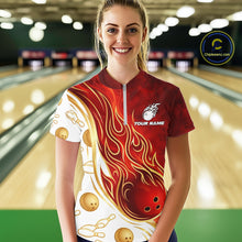 Load image into Gallery viewer, Custom Gold And Red Flames Bowling Team Jerseys, Bowling League Polo &amp; 1/4-Zip Shirt For Women NYN2918