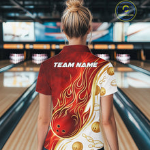 Load image into Gallery viewer, Custom Gold And Red Flames Bowling Team Jerseys, Bowling League Polo &amp; 1/4-Zip Shirt For Women NYN2918