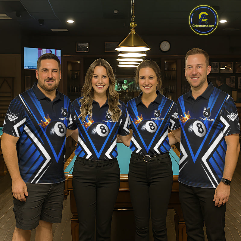 Personalized Crown 8 Ball Pool Black And Blue Polo Shirts For Women, Custom Billiard Team Apparel NYN3292