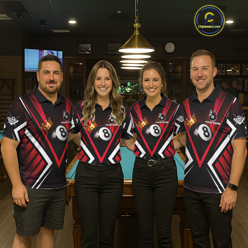 Personalized Crown 8 Ball Pool Black And Red Polo Shirts For Women, Custom Billiard Team Apparel NYN3293