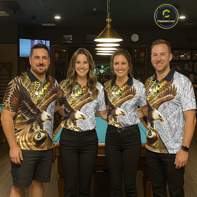 White And Gold Tribal Pattern Billiard Jersey For Men Custom Eagle 8 Ball Billiard Team Shirts NYN2926