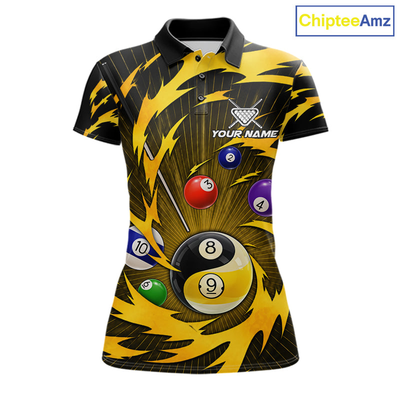 Yellow tornado yin yang billiard shirt for women with custom 8 ball and 9 ball graphics