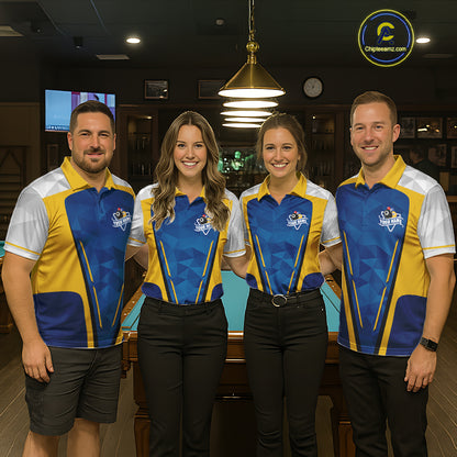 Yellow And Blue Geometric Mens Billiard Shirts Custom Polo & 1/4-Zip Billiard Team Jersey NYN3306