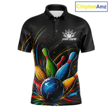 Load image into Gallery viewer, Splatter colorful bowling ball and pins men's bowling polo shirt, custom bowling team jersey, splash bowling league uniform, personalized bowling apparel, bowling tournament shirt, performance bowling polo