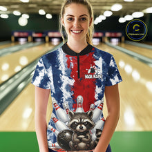 Load image into Gallery viewer, Female bowler wearing funny raccoon bowling ball and pins jersey, custom bowling shirt, bowling league apparel, personalized bowling clothing
