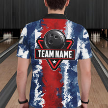Load image into Gallery viewer, Male bowler wearing American flag bowling jersey, patriotic bowling apparel, custom bowling team shirt, bowling tournament outfit