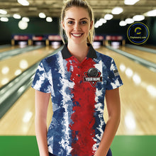 Load image into Gallery viewer, Female bowler wearing American flag bowling jersey, patriotic bowling apparel, custom bowling team shirt, bowling tournament outfit