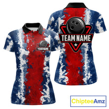 Load image into Gallery viewer, American flag women's bowling polo shirt, patriotic bowling jersey, red blue bowling team uniform, USA bowling apparel, custom bowling league shirt, personalized bowling jersey