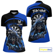 Load image into Gallery viewer, Thunder lightning horror wolf women's quarter-zip dart shirt, custom wolf dart jersey, personalized darts team apparel, blue lightning dart uniform