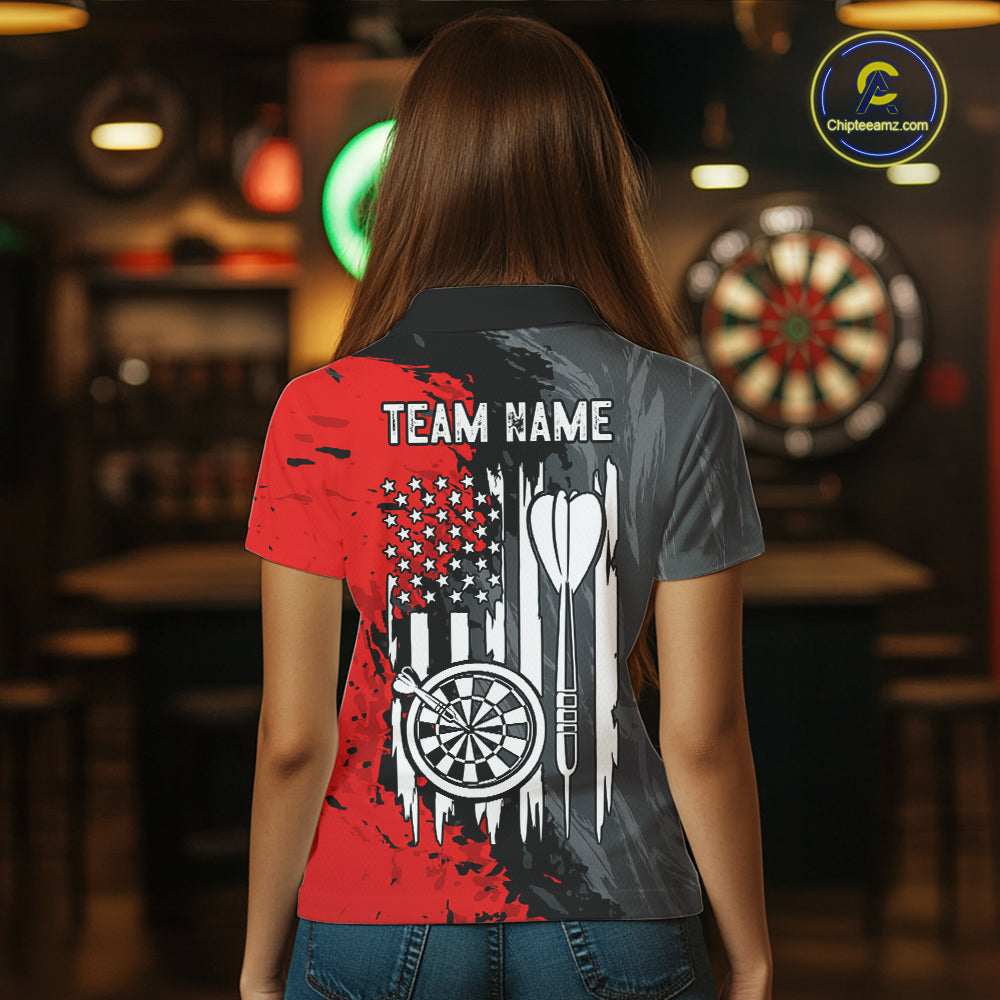 Female model wearing Splatter Red & Grey American Flag darts polo during league tournament, personalized patriotic dart apparel, confidence, precision, USA pride, athletic lifestyle, sports bar competition