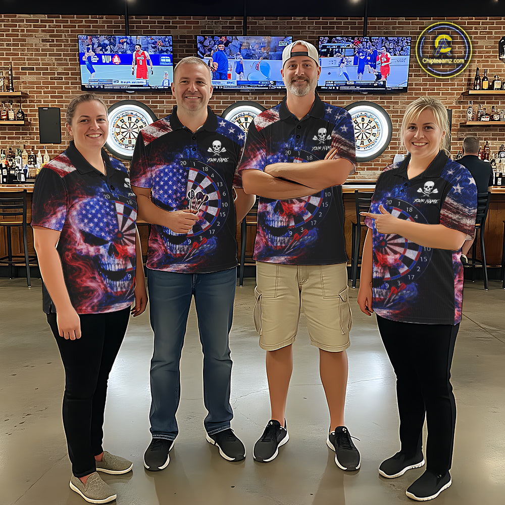 Smoke US Flag Skull Dartboard Men Darts Quarter-Zip Shirt Custom Retro Patriotic Darts Jerseys NYN2550