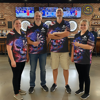 Smoke US Flag Skull Dartboard Men Darts Quarter-Zip Shirt Custom Retro Patriotic Darts Jerseys NYN2550