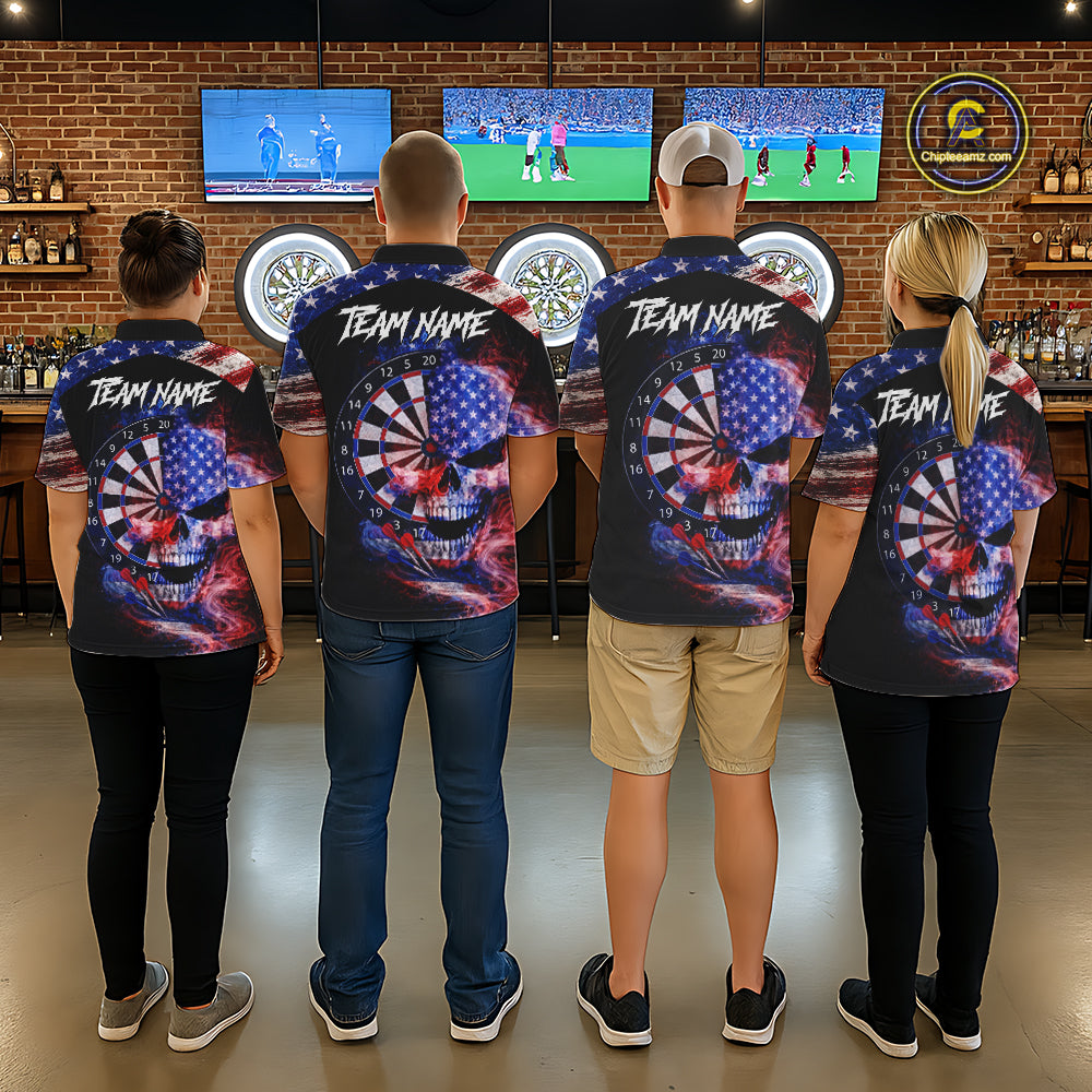 Smoke US Flag Skull Dartboard Men Darts Quarter-Zip Shirt Custom Retro Patriotic Darts Jerseys NYN2550