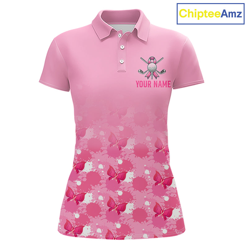 Pink golf polo shirt with Breast Cancer Awarenes design and customizable text on a white background