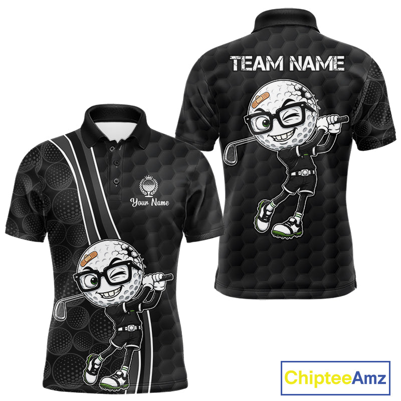 Black polo shirt with cartoon golf ball design on a white background