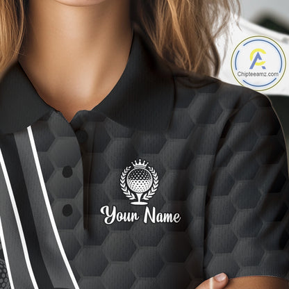 Black patterned polo shirt with a logo and 'Your Name' text on a mannequin.