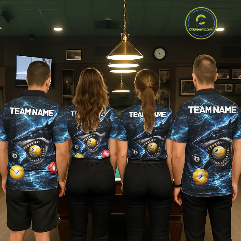 Thunder Blue Funny Shark Play Pool 8 Ball Men's Billiard Shirt Custom Billiard Team League Attire NYN2558