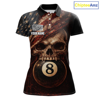 Grunge Vintage US Flag Skull Pool 8 Ball Women's Billiard Shirt Custom Retro Billiard Team Attire NYN2563