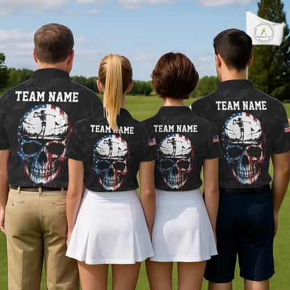 Mens US Flag Golf Polo Shirts Custom Black Golf Ball Pattern American Skull Golf Team Outfits NYN3327