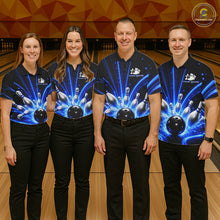Load image into Gallery viewer, Men women bowling team wearing Thunder Bowling Ball And Pins blue lightning bowling jerseys matching league apparel