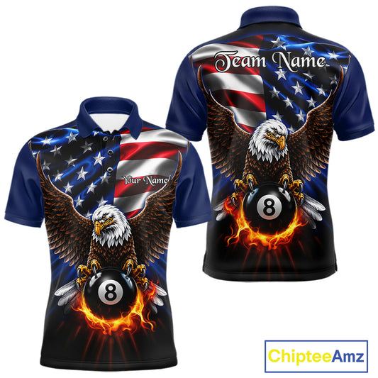 Custom Fire Flame Eagle 8 Ball Men's Billiard Polo Shirt, American Flag Pool League Jersey, Patriotic Tournament Apparel
