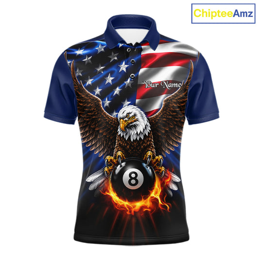 Custom Fire Flame Eagle 8 Ball Men's Billiard Polo Shirt, American Flag Pool League Jersey, Patriotic Tournament Apparel