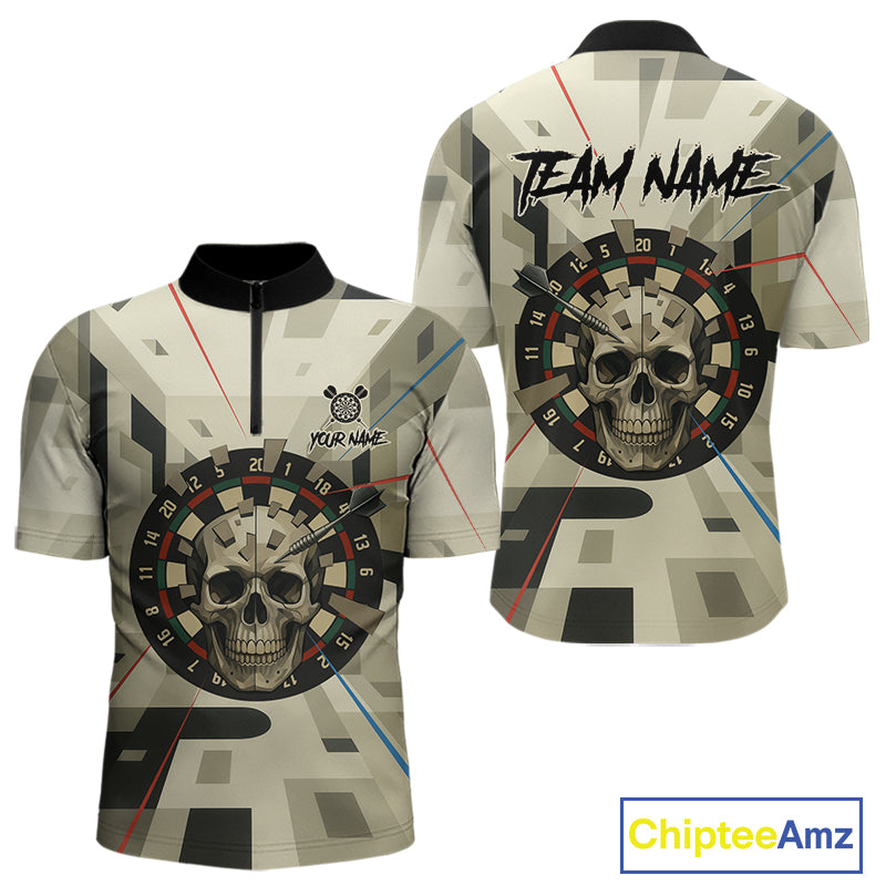 Geometric Dartboard Beige Skull Custom Mens Quarter-Zip Dart Shirt Gifts For Dart Players NYN1767