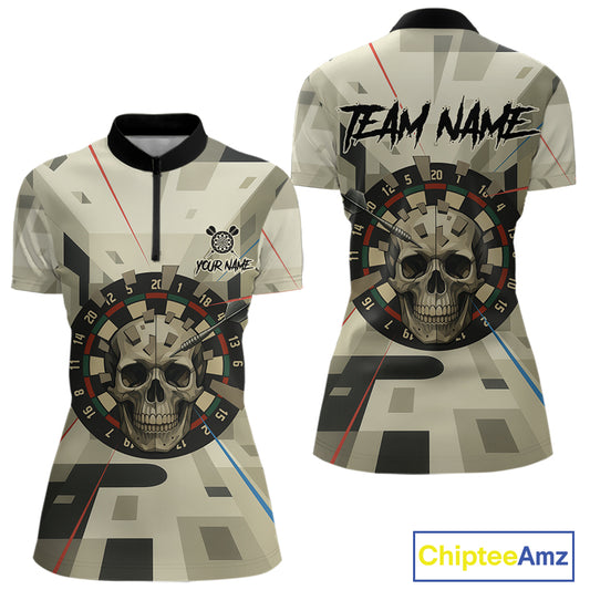Geometric Dartboard Beige Skull Custom Women Quarter-Zip Dart Shirt Gifts For Dart Players NYN1767