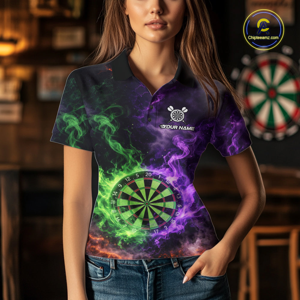 Green And Purple Flames Dartboard & Arrow Women Darts Team Shirt Personalized Dart Polo Jerseys NYN2572