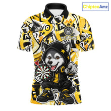 Load image into Gallery viewer, Funny Wolf Dart Shirts For Men Custom Black, White &amp; Yellow Graffiti Dart Team Name Jerseys NYN3626