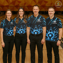 Load image into Gallery viewer, Men women bowling team wearing Black and Blue Neon bowling jerseys, matching bowling ball and pins team uniforms