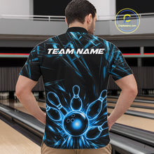 Load image into Gallery viewer, Male bowler wearing Black and Blue Neon bowling ball and pins jersey, custom bowling league apparel
