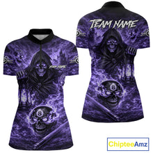 Load image into Gallery viewer, Fire Flames Purple Grim Reaper Skull 8 Ball Pool Women Billiard Shirt Personalized Billiard Team Names NYN2736