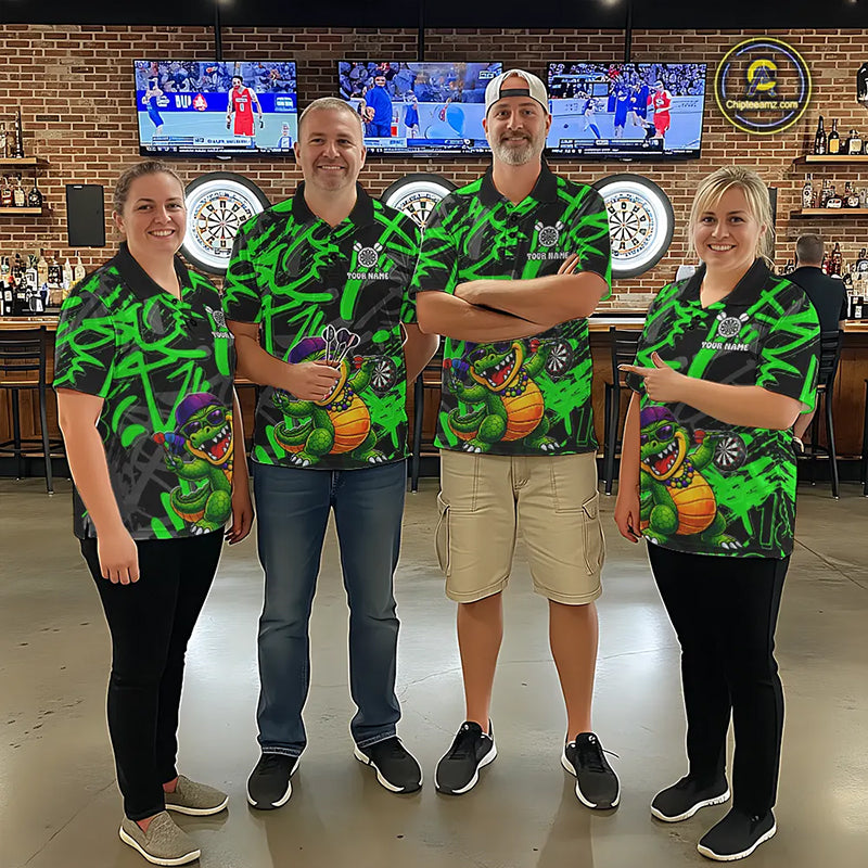 Green Grafffiti Play Darts Polo & Quarter Zip Shirt Personalized Funny Crocodile Women Darts Jersey NYN2948