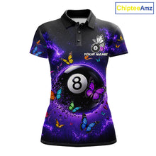Load image into Gallery viewer, Purple Light 8 Ball Women's Billiard Polo Shirt Colorful Butterflies Custom Pool Team Jersey