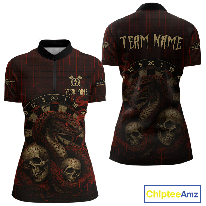 Red Dripping Cobra Dartboard Custom Women Quarter-Zip Darts Shirt Grunge Skull Darts Jersey NYN1796