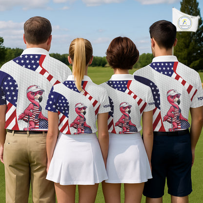 Flamingo Custom Name White American Flag Patriotic Golf Mens Polo Shirt, Flamingo Golf Clothing For Mens NYN2960