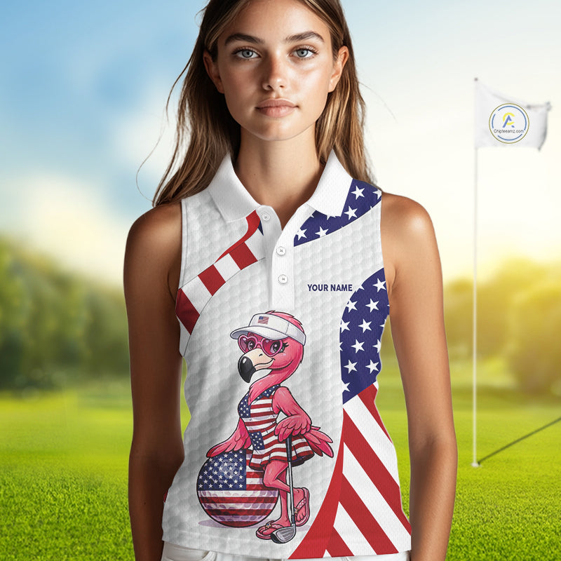 Flamingo Custom Name White American Flag Patriotic Golf Womens Sleeveless Polo Shirt, Flamingo Golf Clothing For Womens NYN2960
