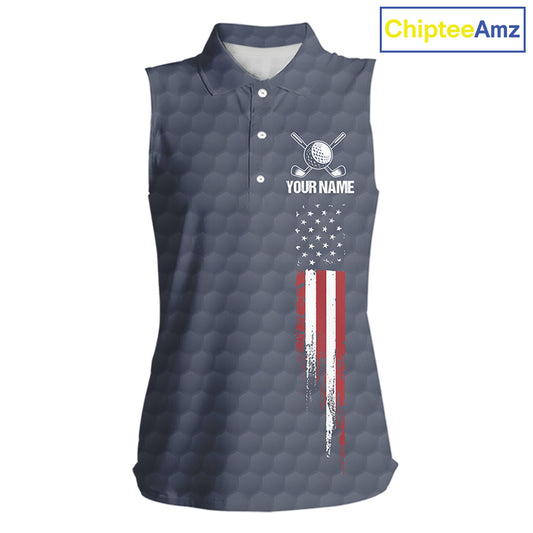Women's sleeveless golf polo featuring grey golf ball pattern and American flag patriotic artwork, personalized performance golf apparel for USA golf teams, tournaments, Memorial Day, Independence Day, symbolizing freedom and national pride